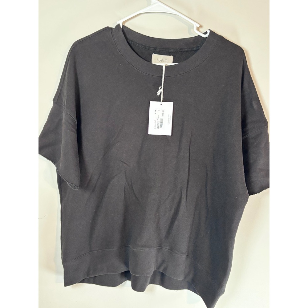Leallo Heidi Elbow Sleeve Sweatshirt Black Cotton French Terry Crew Neck S NEW